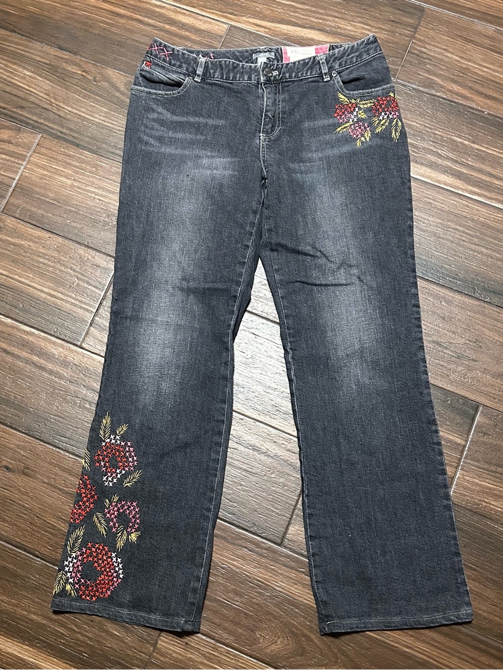 J Jill Women’s Embroidered Bootcut Jeans 8 Petite Stretch Dark Black Wash Gray